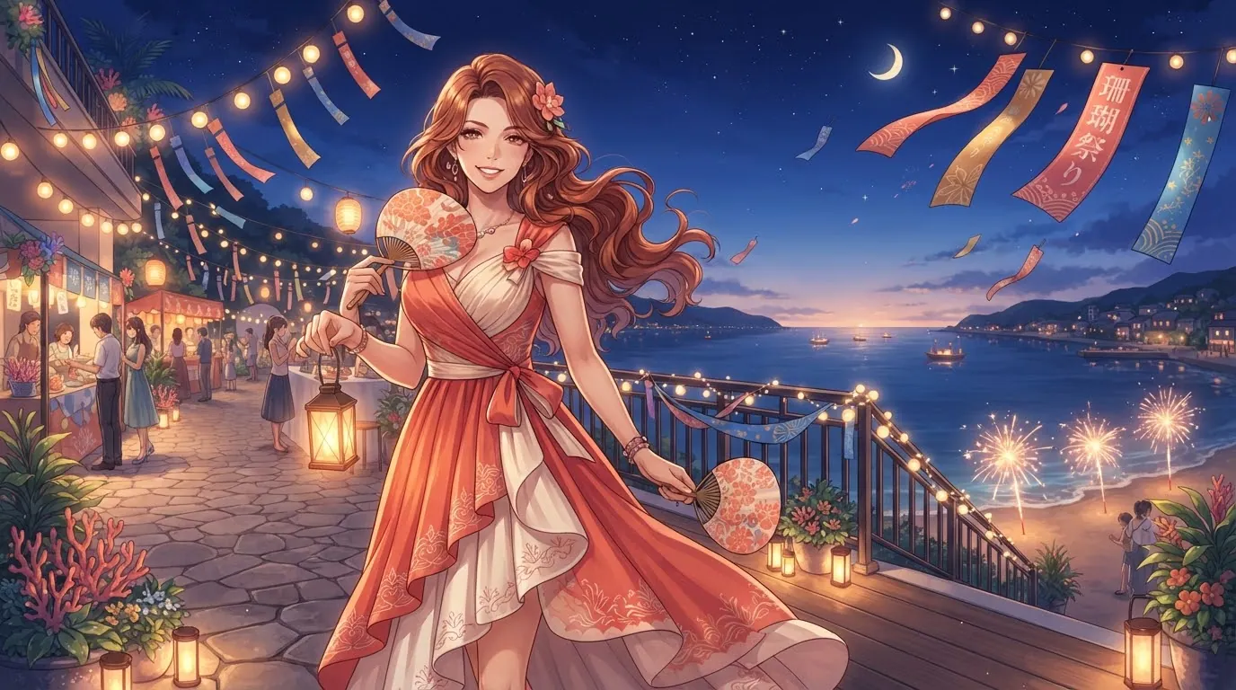 身穿珊瑚色礼裙的成年女性手持纸扇与灯笼，站在夏夜海滨庆典的露台上